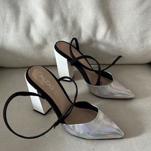 Aldo strap ankles heels halographic pointed toe